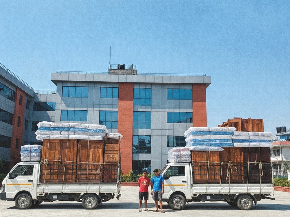 Two trucks loaded with furniture outside office building